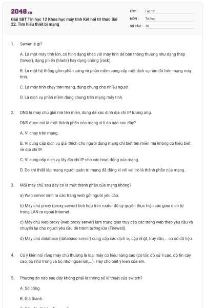 Giải SBT Tin học 12 Khoa học máy tính Kết nối tri thức Bài 22. Tìm hiểu thiết bị mạng