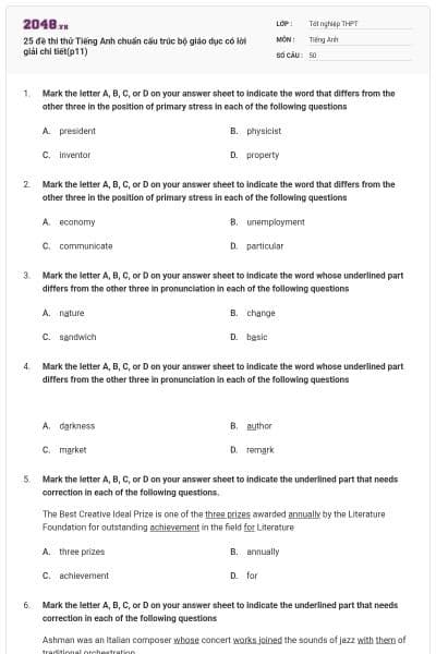 25 đề thi thử Tiếng Anh chuẩn cấu trúc bộ giáo dục có lời giải chi tiết(p11)