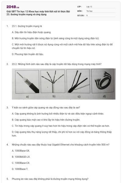Giải SBT Tin học 12 Khoa học máy tính Kết nối tri thức Bài 23. Đường truyền mạng và ứng dụng
