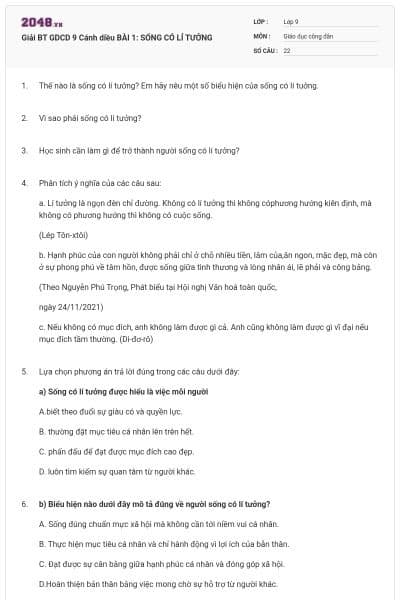 Giải BT GDCD 9 Cánh diều BÀI 1: SỐNG CÓ LÍ TƯỞNG