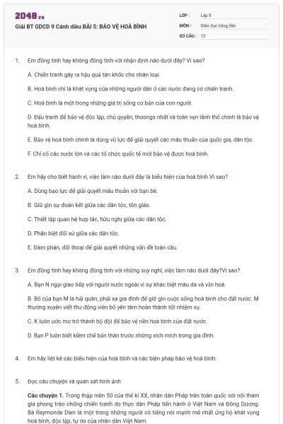 Giải BT GDCD 9 Cánh diều BÀI 5: BẢO VỆ HOÀ BÌNH