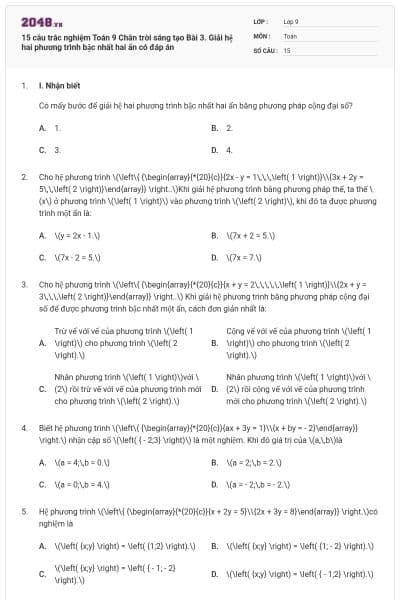 15 câu trắc nghiệm Toán 9 Chân trời sáng tạo Bài 3. Giải hệ hai phương trình bậc nhất hai ẩn có đáp án