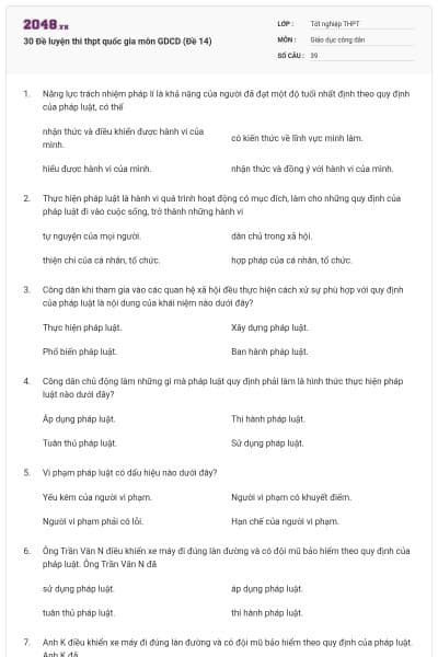 30 Đề luyện thi thpt quốc gia môn GDCD (Đề 14)