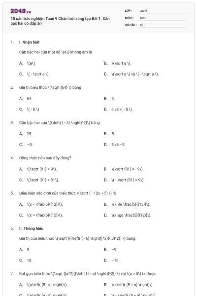 15 câu trắc nghiệm Toán 9 Chân trời sáng tạo Bài 1. Căn bậc hai có đáp án