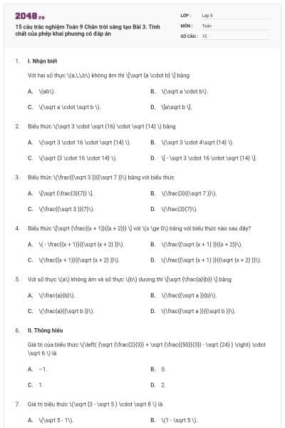15 câu trắc nghiệm Toán 9 Chân trời sáng tạo Bài 3. Tính chất của phép khai phương có đáp án