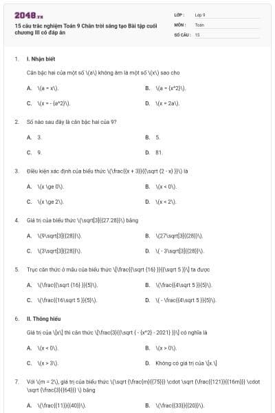 15 câu trắc nghiệm Toán 9 Chân trời sáng tạo Bài tập cuối chương III có đáp án
