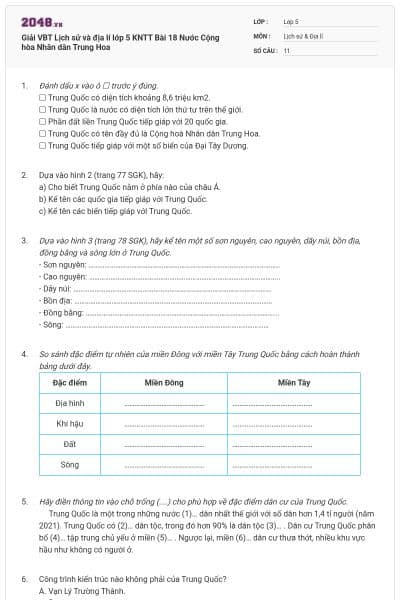 Giải VBT Lịch sử và địa lí lớp 5 KNTT Bài 18 Nước Cộng hòa Nhân dân Trung Hoa