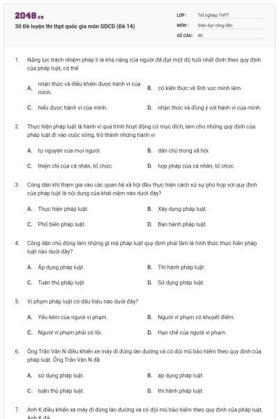 30 Đề luyện thi thpt quốc gia môn GDCD (Đề 14)
