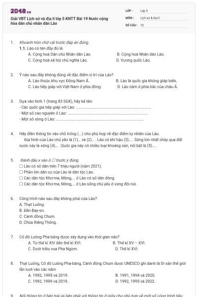 Giải VBT Lịch sử và địa lí lớp 5 KNTT Bài 19 Nước cộng hòa dân chủ nhân dân Lào