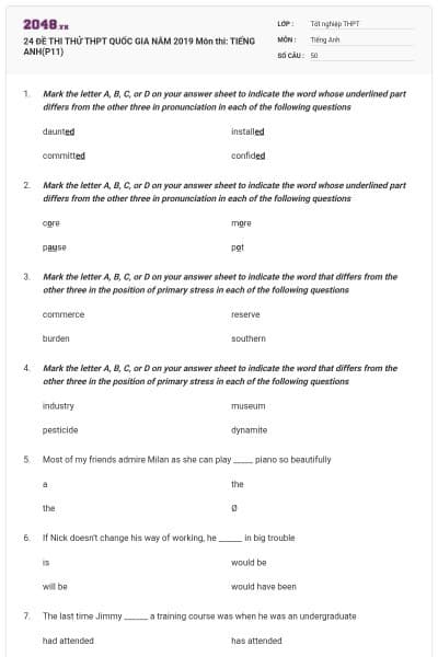 24 ĐỀ THI THỬ THPT QUỐC GIA NĂM 2019 Môn thi: TIẾNG ANH(P11)