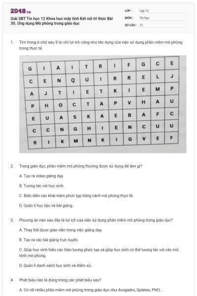 Giải SBT Tin học 12 Khoa học máy tính Kết nối tri thức Bài 30. Ứng dụng Mô phỏng trong giáo dục