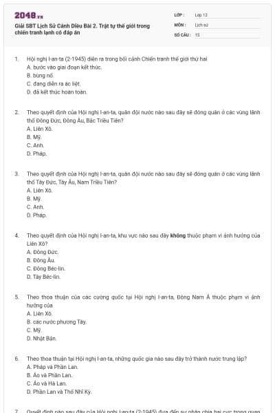 Giải SBT Lịch Sử Cánh Diều Bài 2. Trật tự thế giới trong chiến tranh lạnh có đáp án