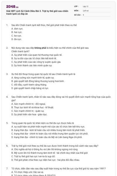 Giải SBT Lịch Sử Cánh Diều Bài 3. Trật tự thế giới sau chiến tranh lạnh có đáp án