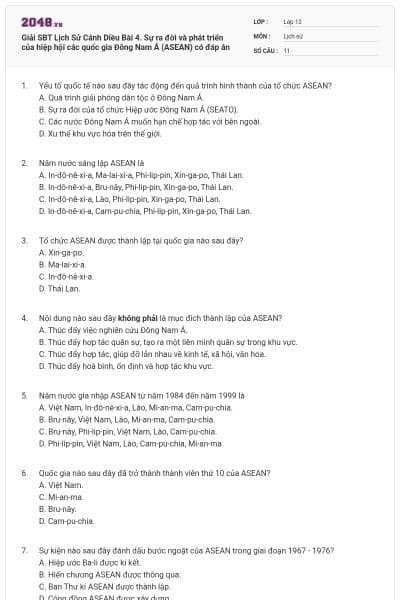 Giải SBT Lịch Sử Cánh Diều Bài 4. Sự ra đời và phát triển của hiệp hội các quốc gia Đông Nam Á (ASEAN) có đáp án