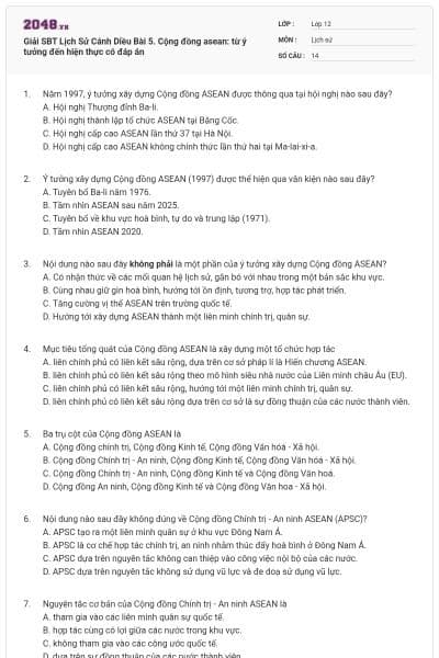 Giải SBT Lịch Sử Cánh Diều Bài 5. Cộng đồng asean: từ ý tưởng đến hiện thực có đáp án