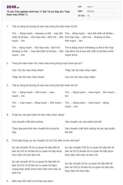 10 câu  Trắc nghiệm Sinh Học 11 Bài 18 (có đáp án): Tuần hoàn máu (Phần 1)