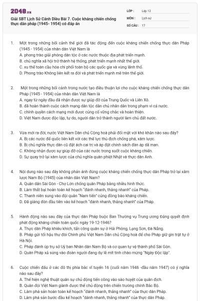 Giải SBT Lịch Sử Cánh Diều Bài 7. Cuộc kháng chiến chống thực dân pháp (1945- 1954) có đáp án