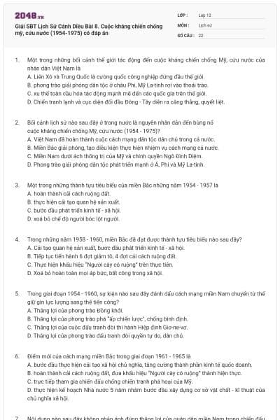 Giải SBT Lịch Sử Cánh Diều Bài 8. Cuộc kháng chiến chống mỹ, cứu nước (1954-1975) có đáp án