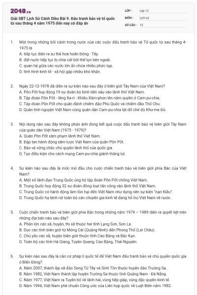 Giải SBT Lịch Sử Cánh Diều Bài 9. Đấu tranh bảo vệ tổ quốc từ sau tháng 4 năm 1975 đến nay có đáp án