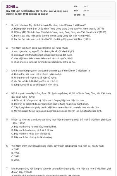 Giải SBT Lịch Sử Cánh Diều Bài 10. Khái quát về công cuộc đổi mới từ năm 1986 đến nay có đáp án