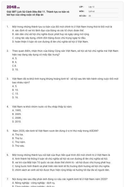Giải SBT Lịch Sử Cánh Diều Bài 11. Thành tựu cơ bản và bài học của công cuộc có đáp án