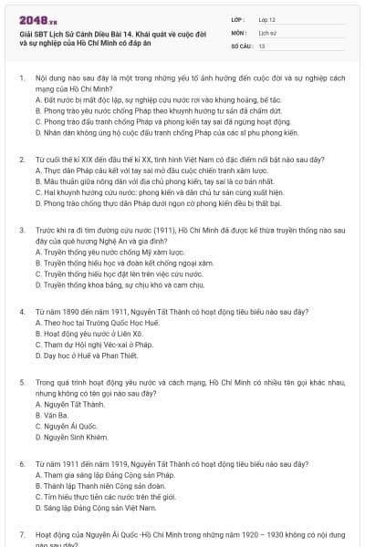 Giải SBT Lịch Sử Cánh Diều Bài 14. Khái quát về cuộc đời và sự nghiệp của Hồ Chí Minh có đáp án