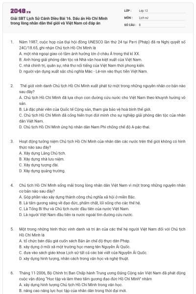 Giải SBT Lịch Sử Cánh Diều Bài 16. Dấu ấn Hồ Chí Minh trong lòng nhân dân thế giới và Việt Nam có đáp án