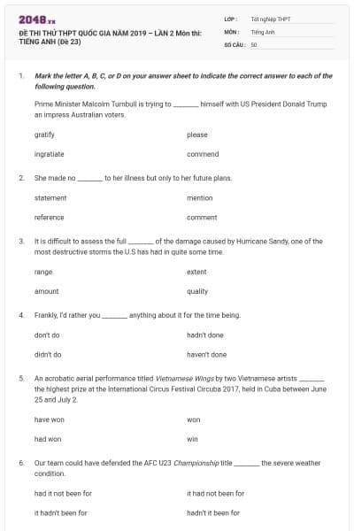 ĐỀ THI THỬ THPT QUỐC GIA NĂM 2019 – LẦN 2 Môn thi: TIẾNG ANH (Đề 23)