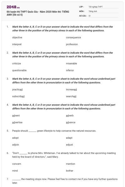 Đề luyện thi THPT Quốc Gia - Năm 2020 Môn thi: TIẾNG ANH (Đề số 6)