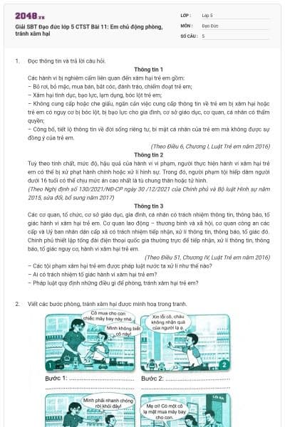 Giải SBT Đạo đức lớp 5 CTST Bài 11: Em chủ động phòng, tránh xâm hại