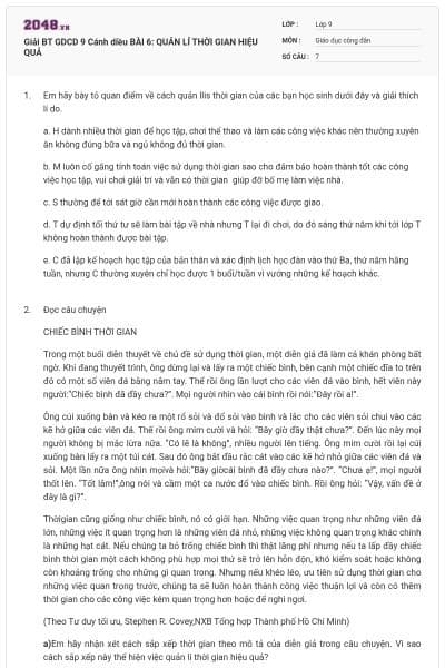 Giải BT GDCD 9 Cánh diều BÀI 6: QUẢN LÍ THỜI GIAN HIỆU QUẢ