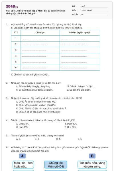 Giải VBT Lịch sử và địa lí lớp 5 KNTT bài 23 dân số và các chủng tộc chính trên thế giới