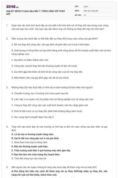 Giải BT GDCD 9 Cánh diều BÀI 7: THÍCH ỨNG VỚI THAY ĐỔI