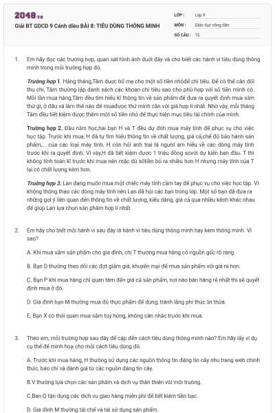 Giải BT GDCD 9 Cánh diều BÀI 8: TIÊU DÙNG THÔNG MINH