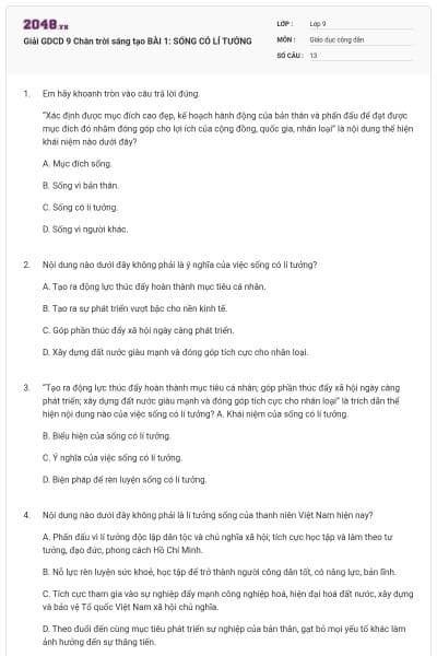 Giải GDCD 9 Chân trời sáng tạo BÀI 1: SỐNG CÓ LÍ TƯỞNG