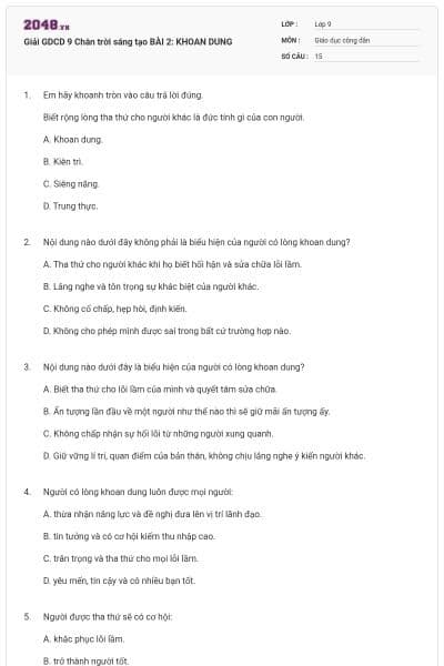 Giải GDCD 9 Chân trời sáng tạo BÀI 2: KHOAN DUNG