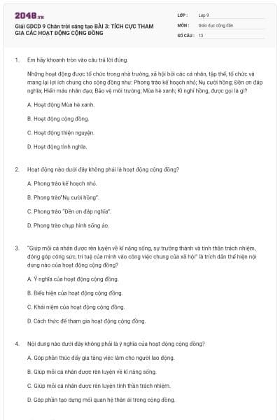 Giải GDCD 9 Chân trời sáng tạo BÀI 3: TÍCH CỰC THAM GIA CÁC HOẠT ĐỘNG CỘNG ĐỒNG
