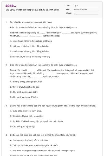 Giải GDCD 9 Chân trời sáng tạo BÀI 5: BẢO VỆ HÒA BÌNH