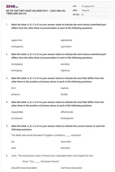 ĐỀ THI THỬ THPT QUỐC GIA NĂM 2019 – LẦN 2 Môn thi: TIẾNG ANH (Đề 24)