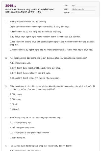 Giải GDCD 9 Chân trời sáng tạo BÀI 10: QUYỀN TỰ DO KINH DOANH VÀ NGHĨA VỤ NỘP THUẾ