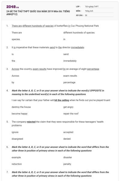 24 ĐỀ THI THỬ THPT QUỐC GIA NĂM 2019 Môn thi: TIẾNG ANH(P12)