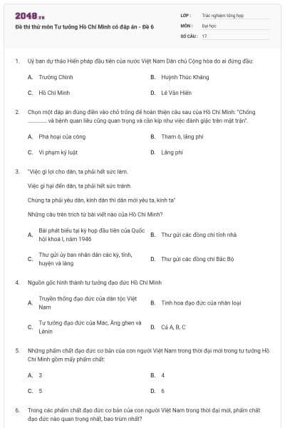 Đề thi thử môn Tư tưởng Hồ Chí Minh có đáp án - Đề 6