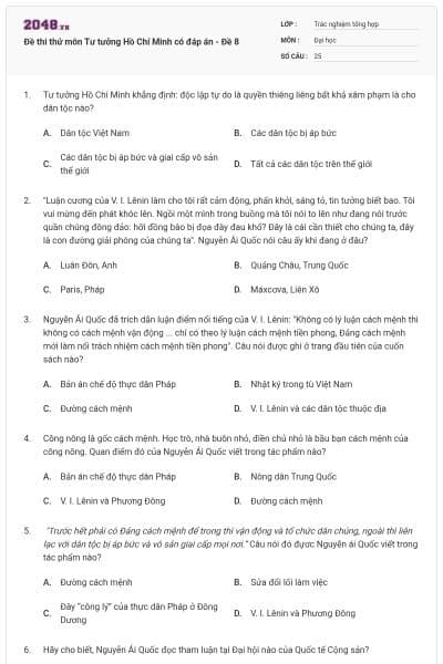Đề thi thử môn Tư tưởng Hồ Chí Minh có đáp án - Đề 8