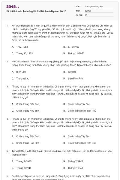 Đề thi thử môn Tư tưởng Hồ Chí Minh có đáp án - Đề 10