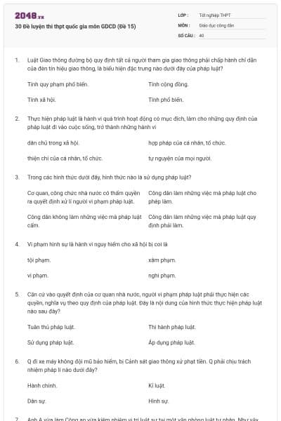 30 Đề luyện thi thpt quốc gia môn GDCD (Đề 15)