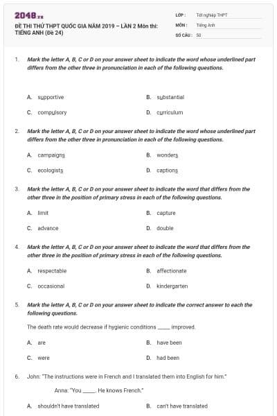 ĐỀ THI THỬ THPT QUỐC GIA NĂM 2019 – LẦN 2 Môn thi: TIẾNG ANH (Đề 24)