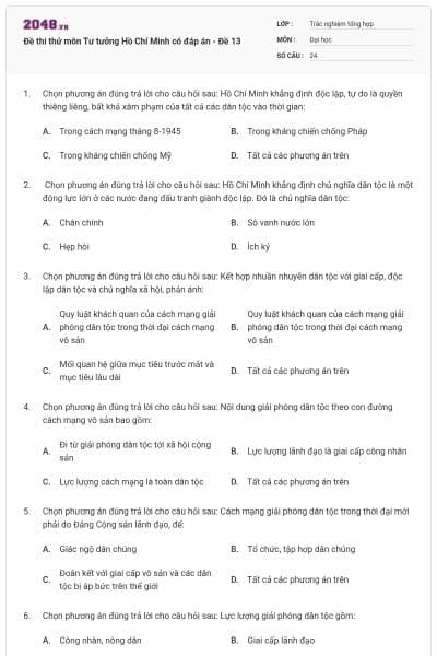 Đề thi thử môn Tư tưởng Hồ Chí Minh có đáp án - Đề 13