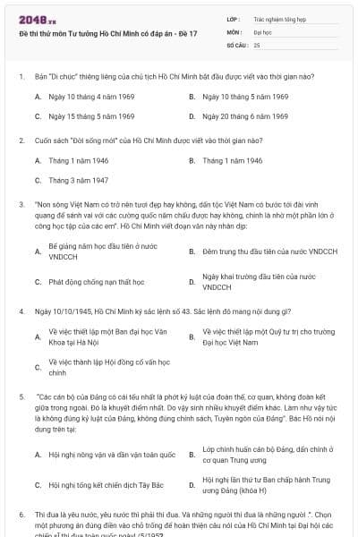 Đề thi thử môn Tư tưởng Hồ Chí Minh có đáp án - Đề 17