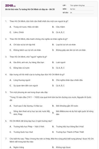 Đề thi thử môn Tư tưởng Hồ Chí Minh có đáp án - Đề 20
