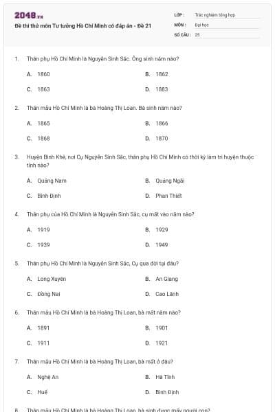 Đề thi thử môn Tư tưởng Hồ Chí Minh có đáp án - Đề 21